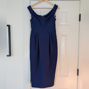 ASOS Navy Midi Dress with Off-Shoulder Design
